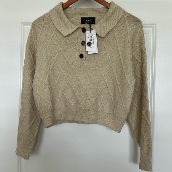 Cider Sweaters - CIDER Collared Crop Beige Long Sleeve Textured Sweater with Button Detail